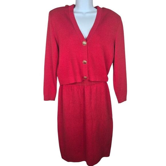 Vintage St John Santana Knit Skirt Sweater Set Womens 4 Red Gold Buttons - Picture 2 of 13